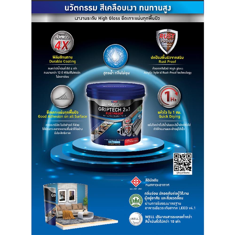 สีเคลือบเงา BEGER BEGERSHIELD GRIPTECH 2IN1 RUSTPROOF BRP600 สี SILVER GREY เงา 1/4 แกลลอน
