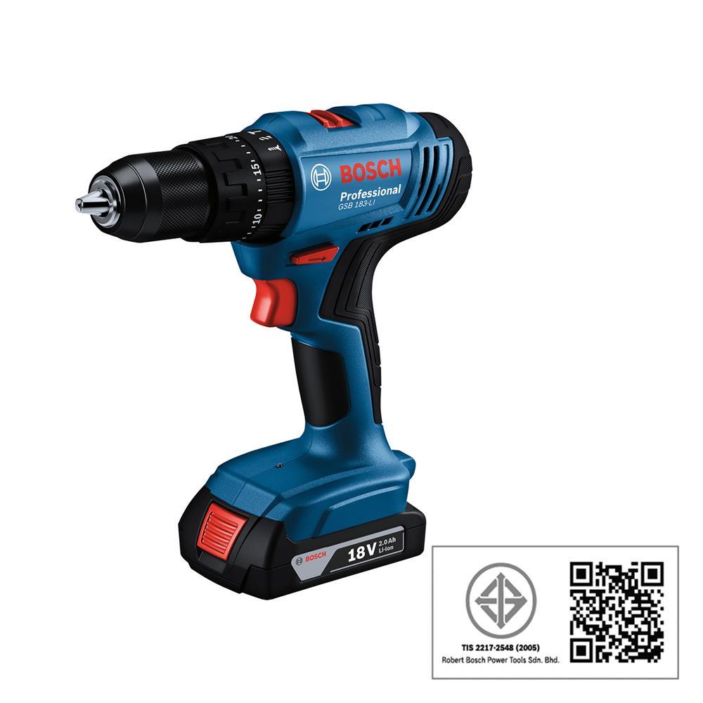 สว่านกระแทกไร้สาย (พร้อมแบตเตอรี่) BOSCH GSB 183-LI 18 โวลต์