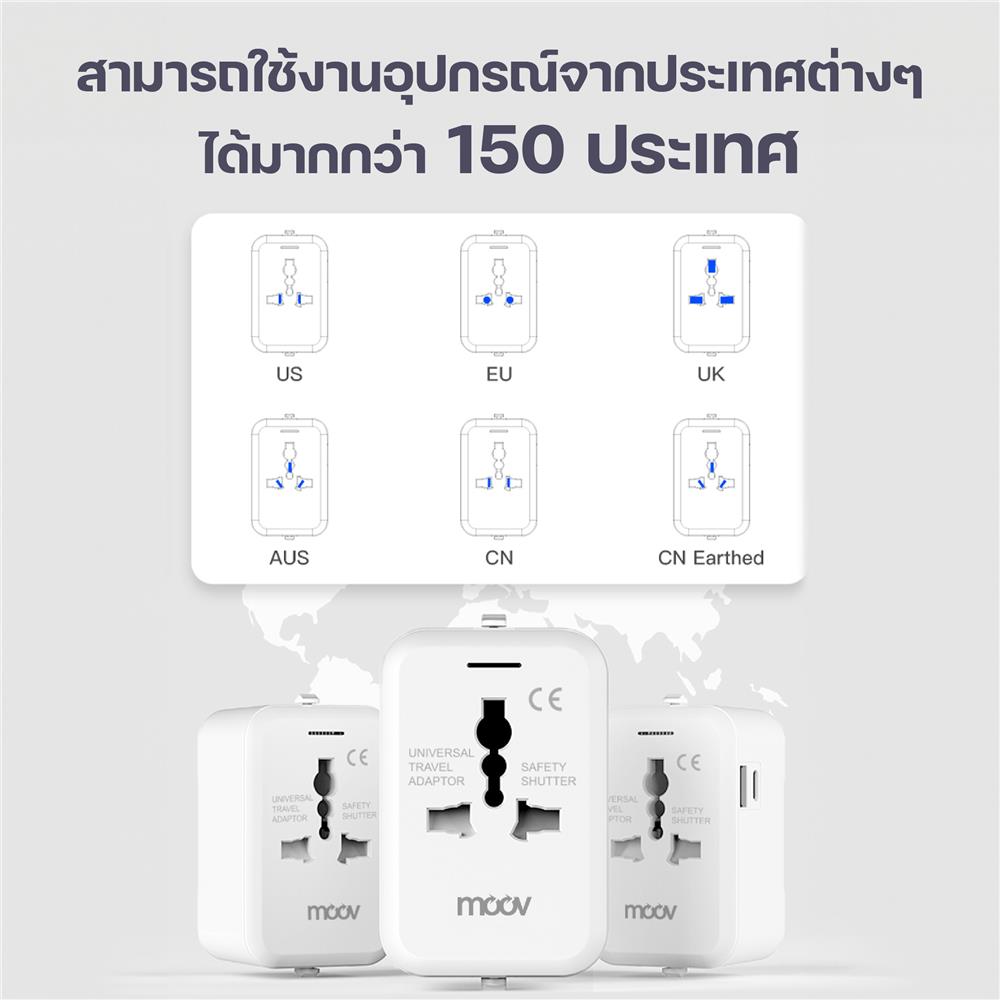 ปลั๊กแปลง 4 IN 1 UNIVERSAL 1 USB 1 TYPE C MOOV TA01 สีขาว