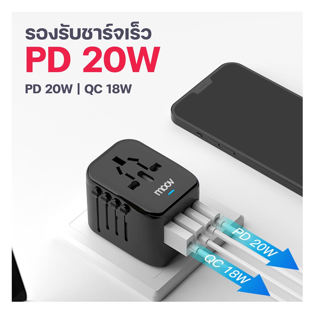ปลั๊กแปลง 4 IN 1 UNIVERSAL 2 USB 2 TYPE C MOOV TA02 สีดำ