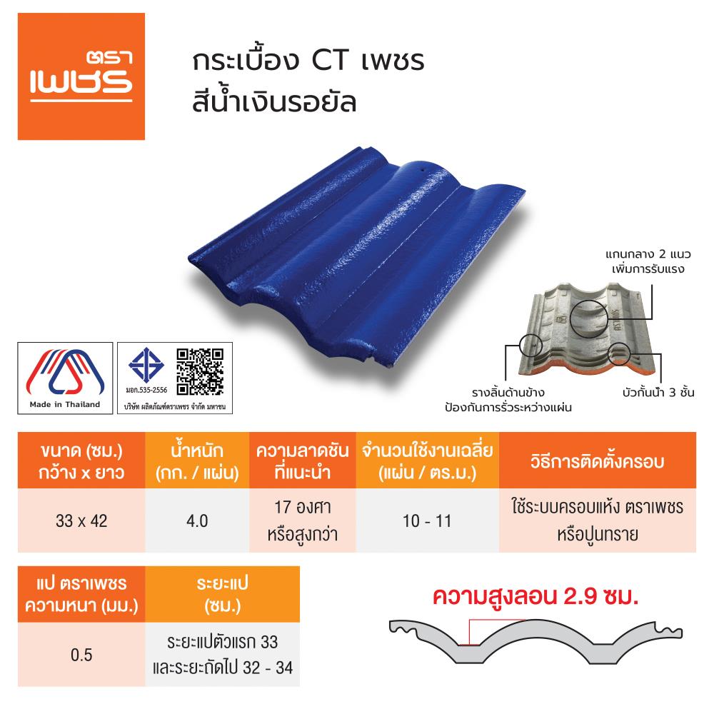 กระเบื้องหลังคาคอนกรีต ตราเพชร CT เพชร 33x42 ซม. สีน้ำเงินรอยัล