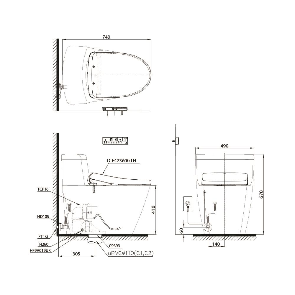 สุขภัณฑ์ 1 ชิ้น พร้อมฝารองนั่งอัตโนมัติ TOTO CW636SW6 4.5/3 ลิตร สีขาว