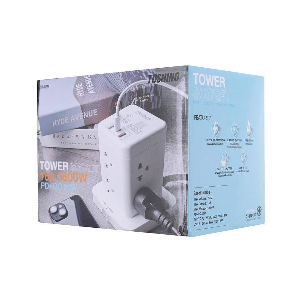 รางปลั๊กไฟทาวเวอร์ 8 ช่อง 1 สวิตซ์ 2 USB 3.4A 1 TYPE C TOSHINO TW-82M 2 ม. สีขาว