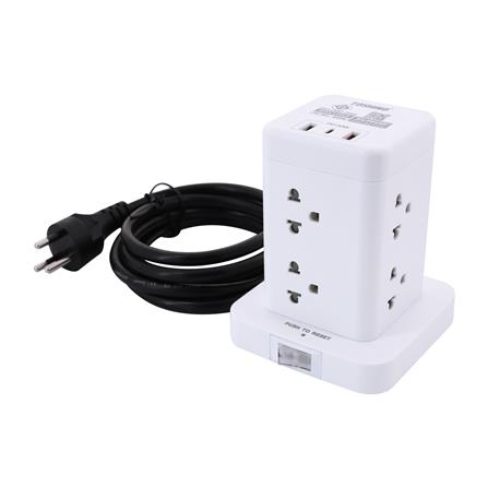 รางปลั๊กไฟทาวเวอร์ 8 ช่อง 1 สวิตซ์ 2 USB 3.4A 1 TYPE C TOSHINO TW-82M 2 ม. สีขาว_0
