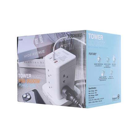 รางปลั๊กไฟทาวเวอร์ 8 ช่อง 1 สวิตซ์ 2 USB 3.4A 1 TYPE C TOSHINO TW-82M 2 ม. สีขาว_3