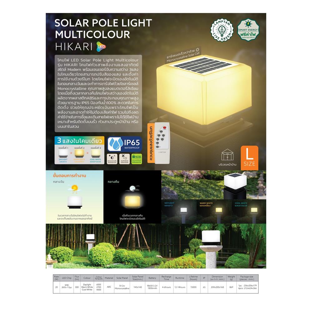ไฟหัวเสา SOLAR LAMPTAN POLE HIKARI 20 วัตต์ DAYLIGHT/COOL WHITE/WARM WHITE สีขาว