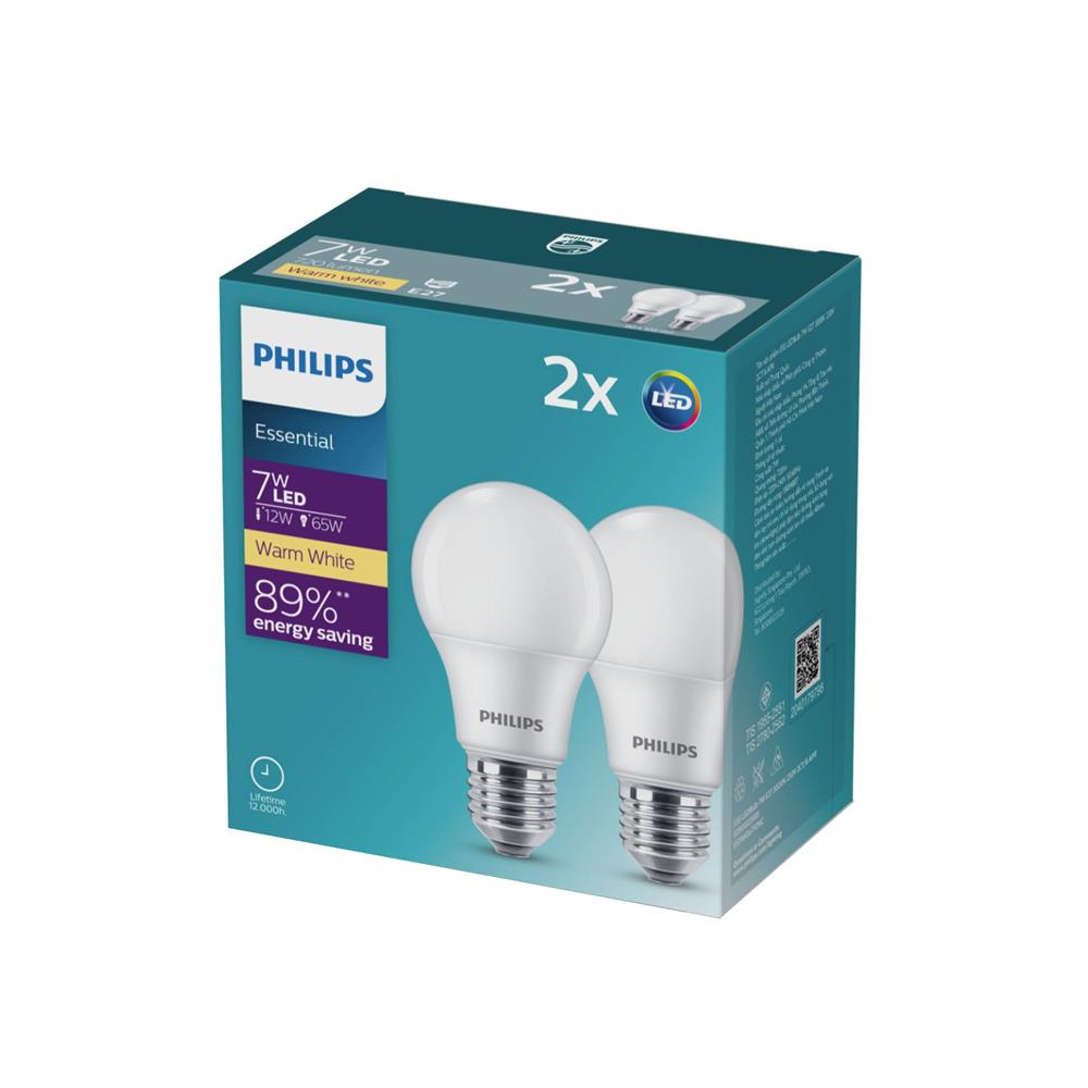 หลอด LED PHILIPS ESSENTIAL 7 วัตต์ WARM WHITE E27 แพ็ก 2 ชิ้น