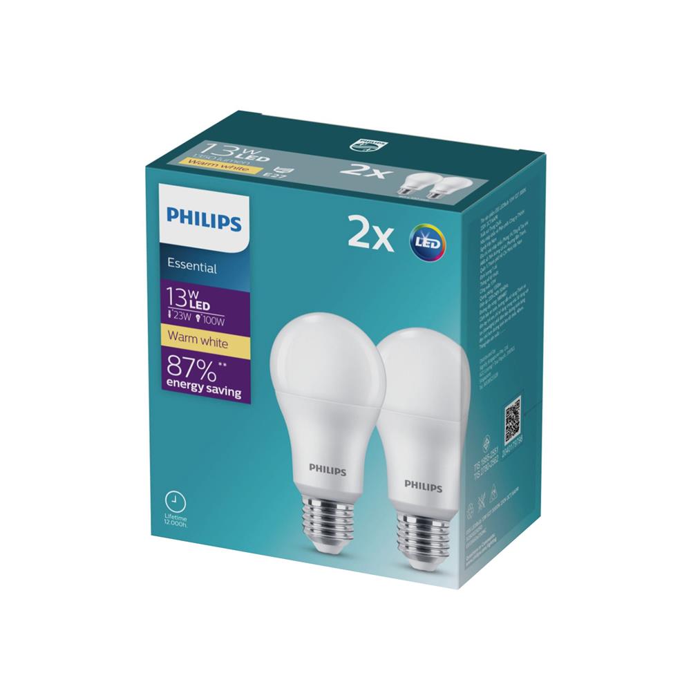 หลอด LED PHILIPS ESSENTIAL 13 วัตต์ WARM WHITE E27 แพ็ก 2 ชิ้น