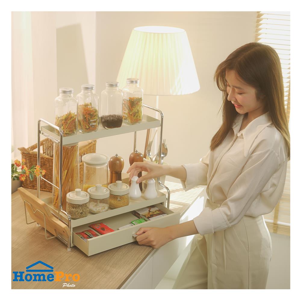 ชั้นวางเครื่องปรุง 2 ชั้น พร้อมลิ้นชัก KECH CREAMY 42.5X23.5X42 ซม. สีครีม