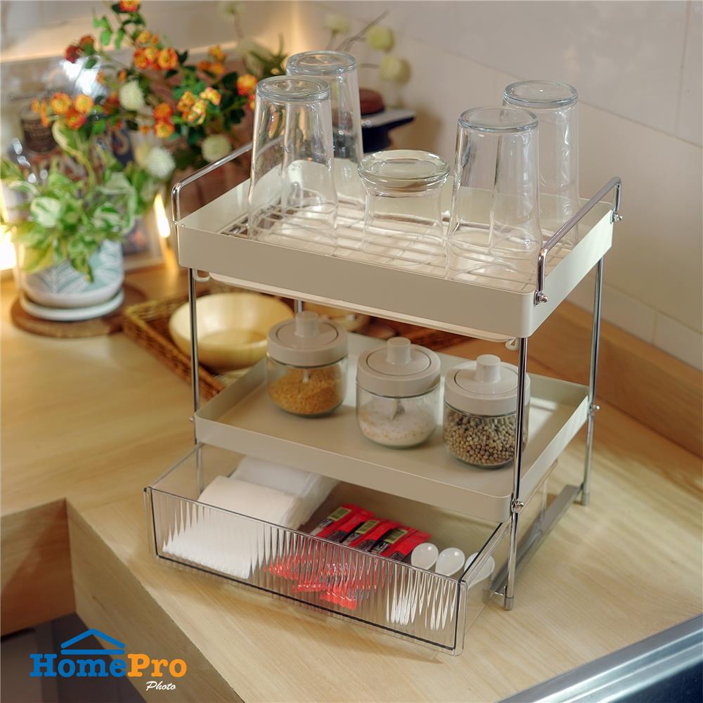 ชั้นเก็บแก้ว 2 ชั้น มีลิ้นชัก KECH CREAMY