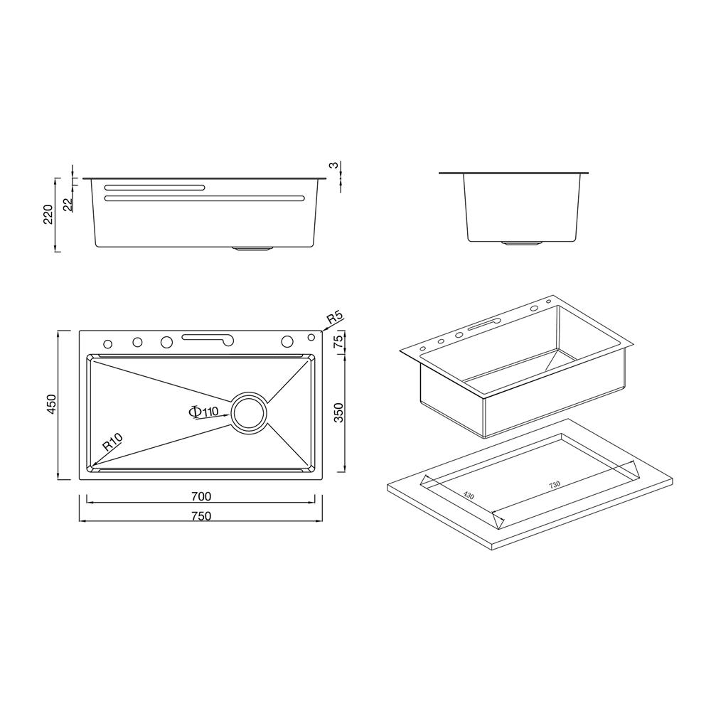 ซิงค์ฝัง 1 หลุม KUCINE STORM 7545 2W สีเทาดำ