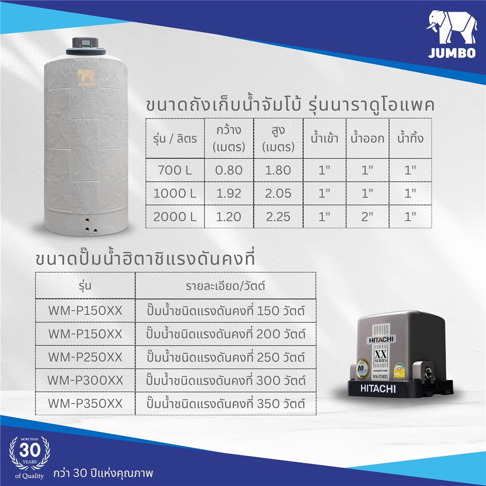 ถังเก็บน้ำ JUMBO NARA 700 ลิตร สีเทา+ปั๊มน้ำ HITACHI WMP150XX