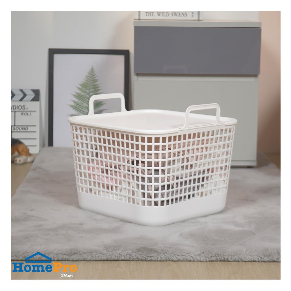 ตะกร้าผ้าเหลี่ยมมีฝา PLIM DAISY SIZE L สีขาว