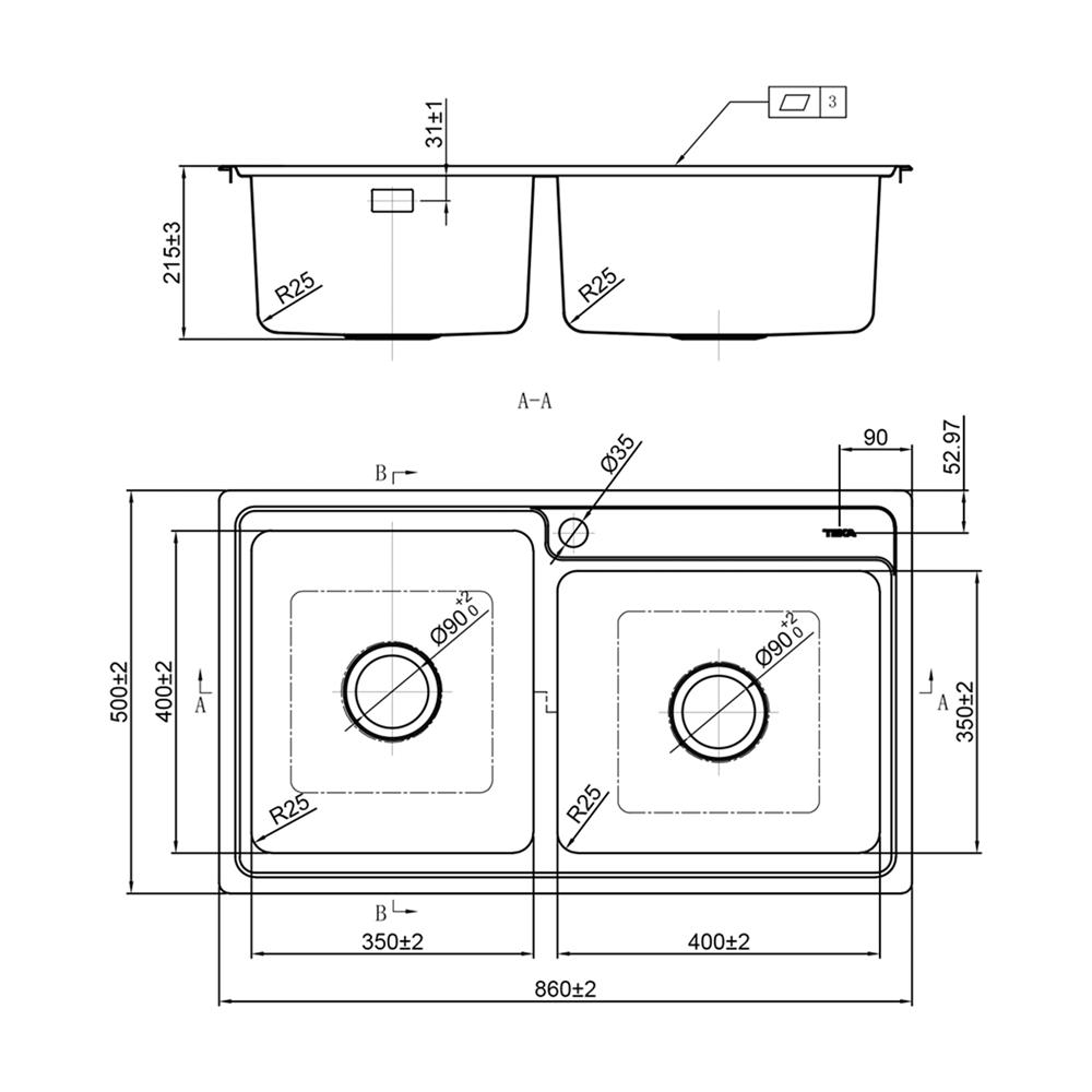 ซิงค์ฝัง 2 หลุม TEKA TT 86 2B สีเงิน