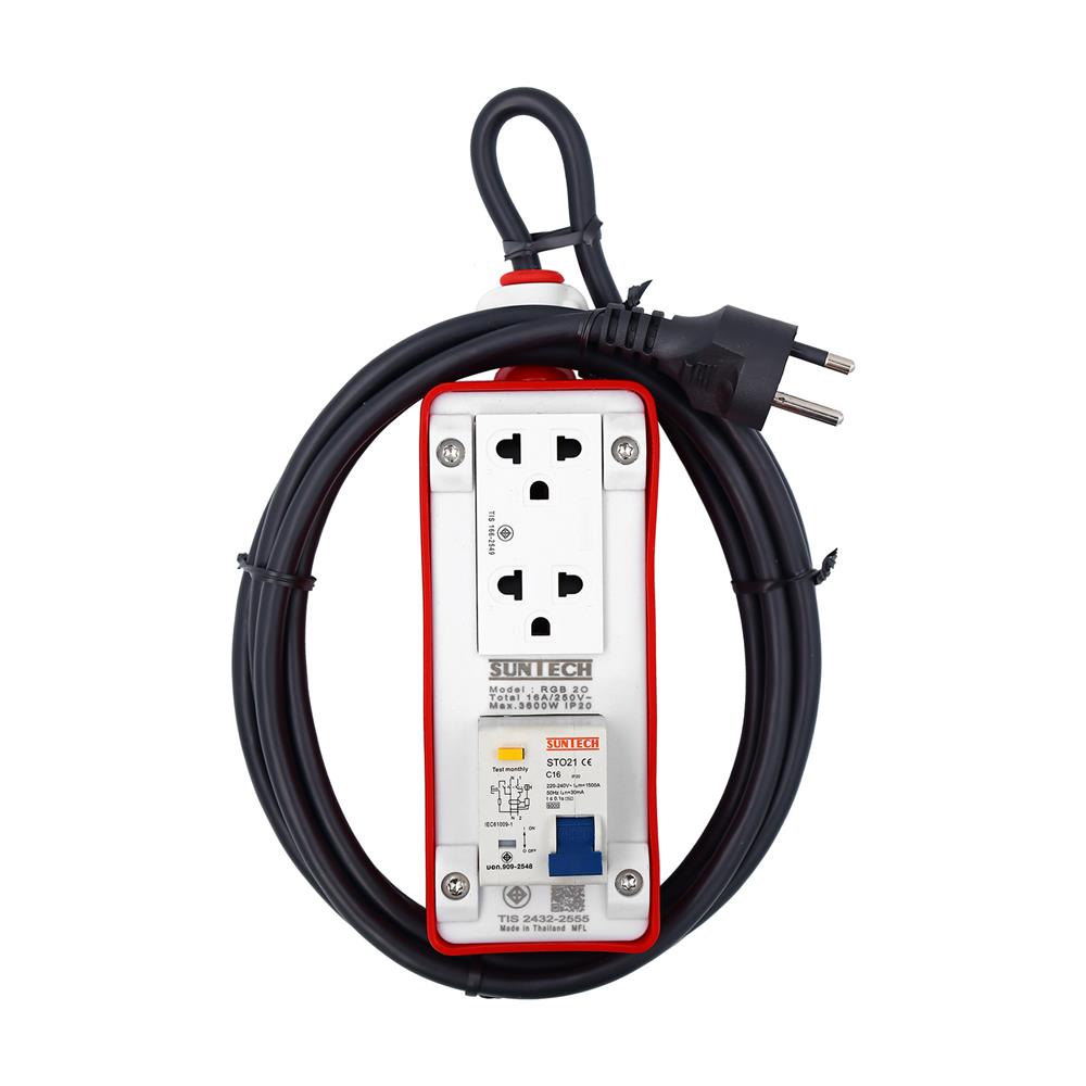 บล็อกยาง PVC 2 ช่อง พร้อมเบรกเกอร์ RCBO 16 แอมป์ SUNTECH RGB2O1510 5 เมตร สีขาว/ส้ม