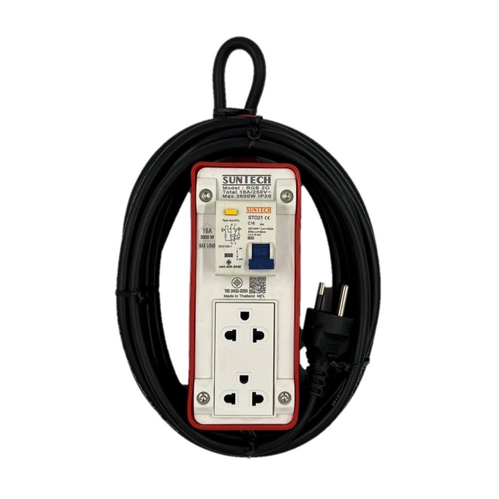 บล็อกยาง PVC 2 ช่อง พร้อมเบรกเกอร์ RCBO 16 แอมป์ SUNTECH RGB2O1510 10 เมตร สีขาว/ส้ม