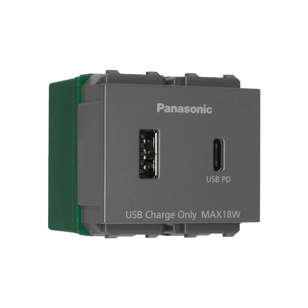 เต้ารับ USB A 1 ช่อง TYPE C 1 ช่อง PANASONIC WEFN 1482H-TH 2.0-3.0 แอมป์ สีเทา