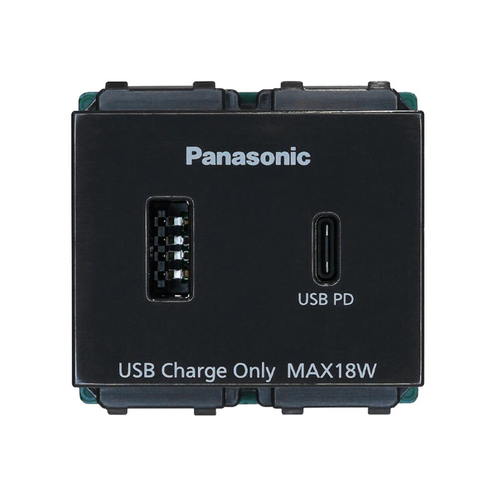 เต้ารับ USB A 1 ช่อง TYPE C 1 ช่อง PANASONIC WEFN 1482B-TH 2.0-3.0 แอมป์ สีดำ