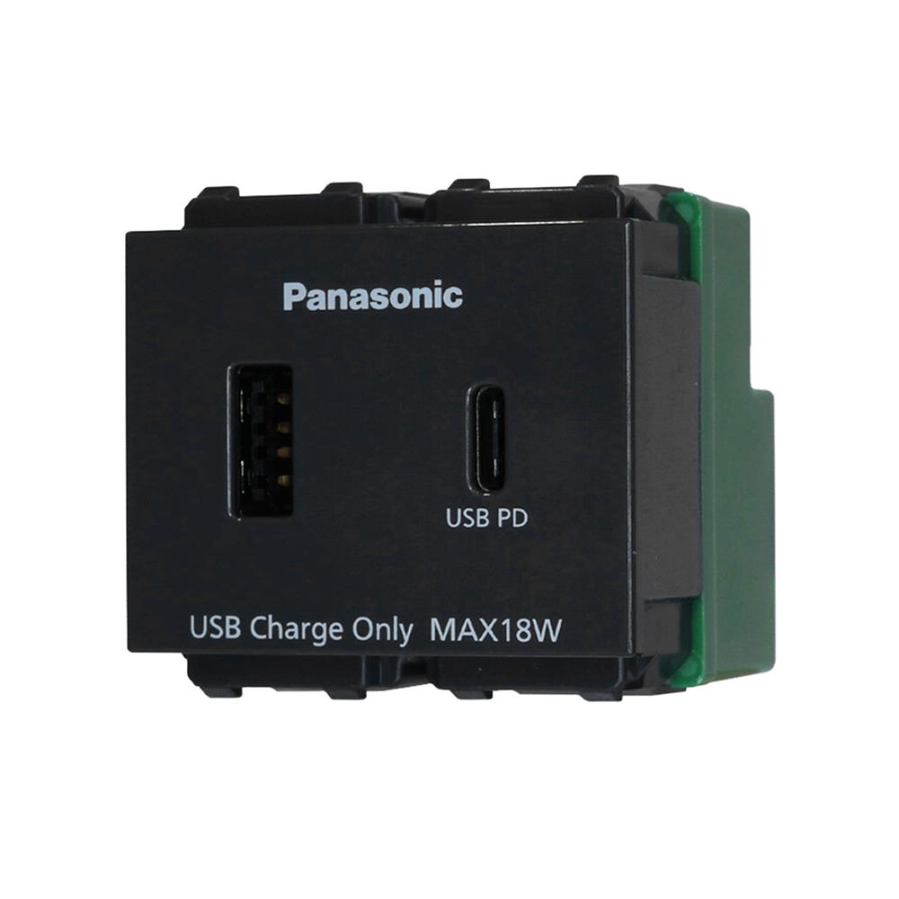 เต้ารับ USB A 1 ช่อง TYPE C 1 ช่อง PANASONIC WEFN 1482B-TH 2.0-3.0 แอมป์ สีดำ