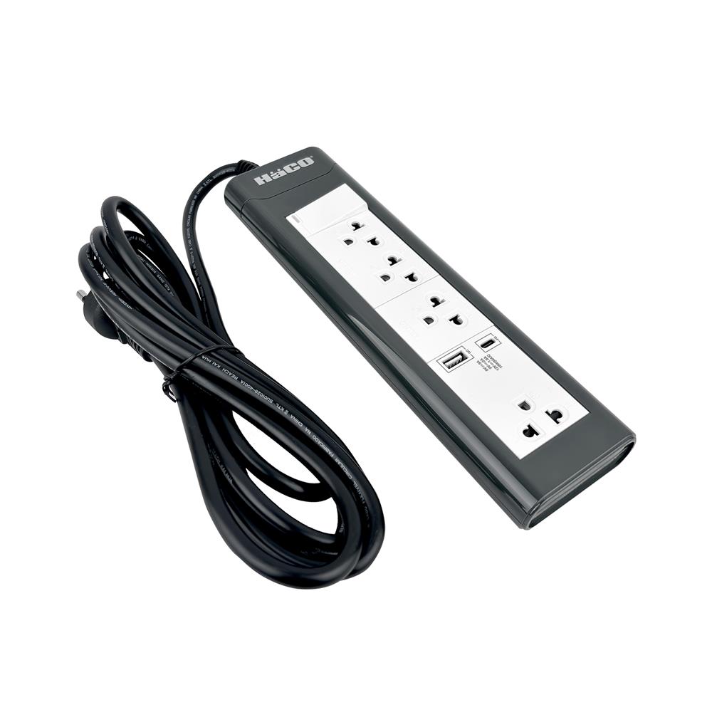รางปลั๊กไฟ 4 ช่อง 1 สวิตช์ 1 USB-A 1 USB-C HACO EPN-S4EBUSBAC/3 16 แอมป์ 3 ม.