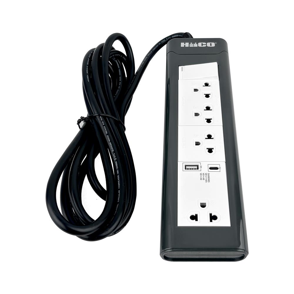 รางปลั๊กไฟ 4 ช่อง 1 สวิตช์ 1 USB-A 1 USB-C HACO EPN-S4EBUSBAC/3 16 แอมป์ 3 ม.