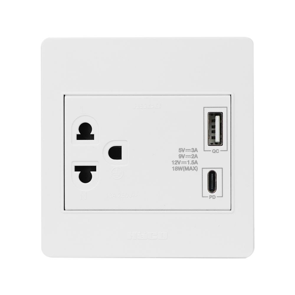 ชุดเต้ารับ 3 ขา 16 แอมป์ 250 โวลต์ พร้อม USB TYPE A/C แบบ PD/QC HACO M3N-E1USBAC สีขาว