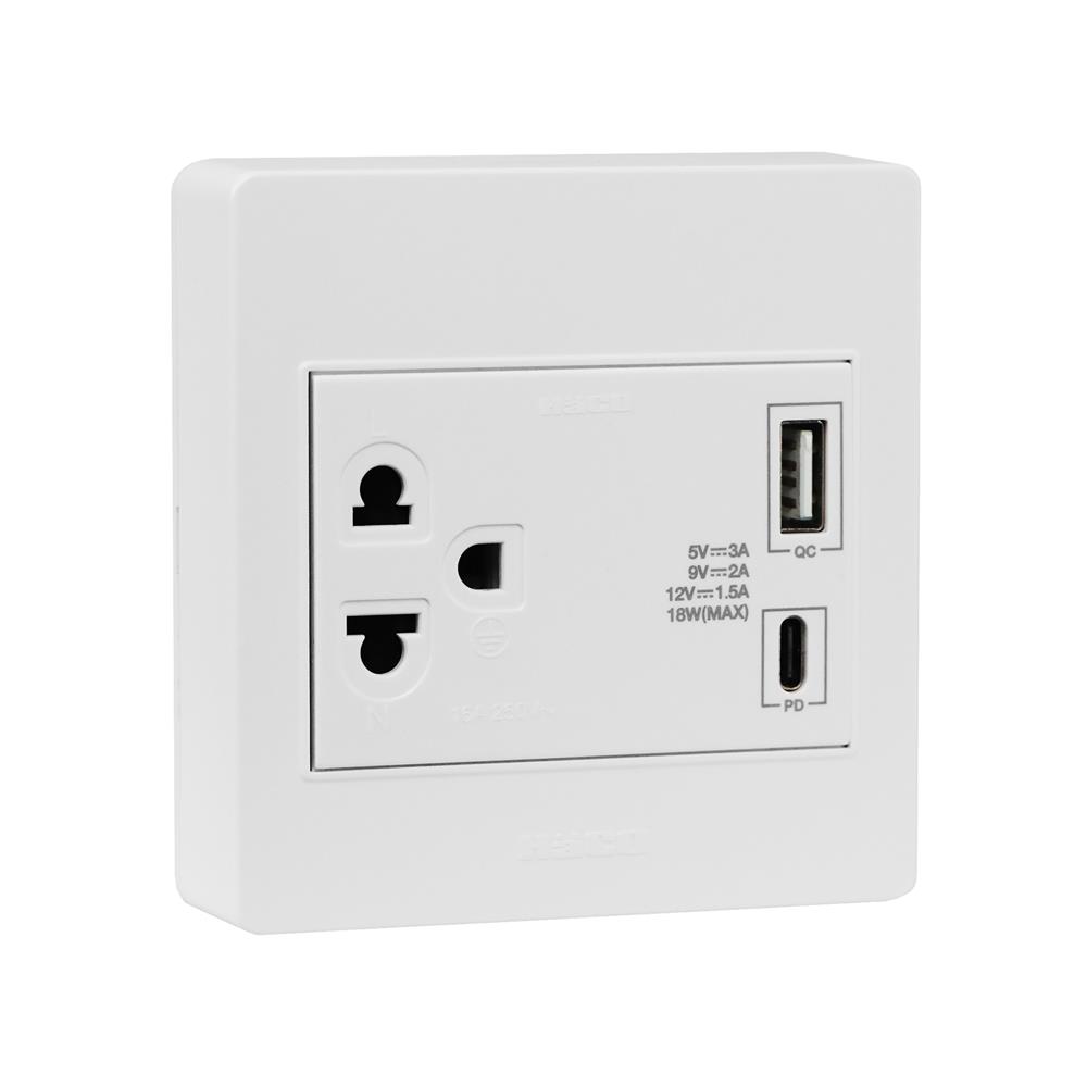 ชุดเต้ารับ 3 ขา 16 แอมป์ 250 โวลต์ พร้อม USB TYPE A/C แบบ PD/QC HACO M3N-E1USBAC สีขาว