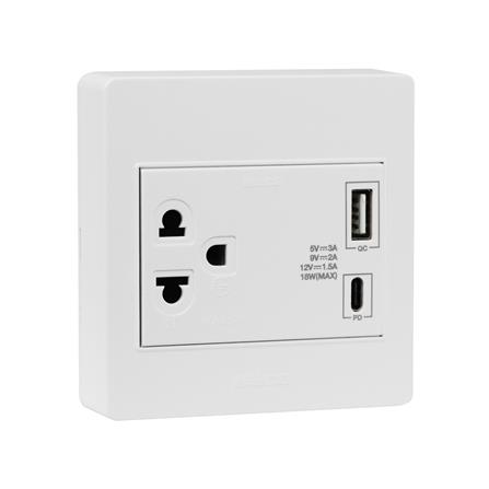 ชุดเต้ารับ 3 ขา 16 แอมป์ 250 โวลต์ พร้อม USB TYPE A/C แบบ PD/QC HACO M3N-E1USBAC สีขาว_1