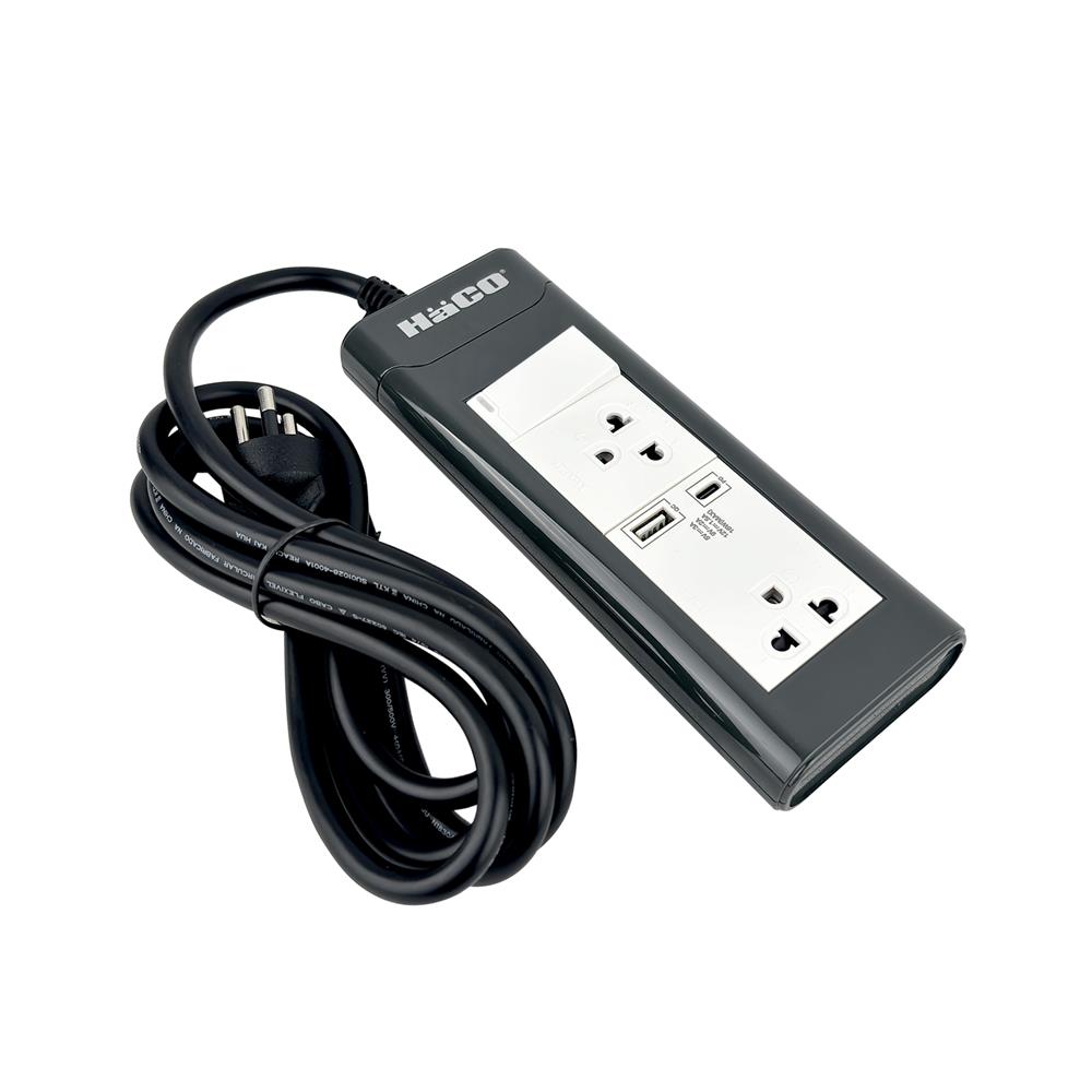 รางปลั๊กไฟ 2 ช่อง 1 สวิตซ์ 1 USB-A 1 USB-C HACO EPN-S2EBUSB 16 แอมป์ 2 ม.