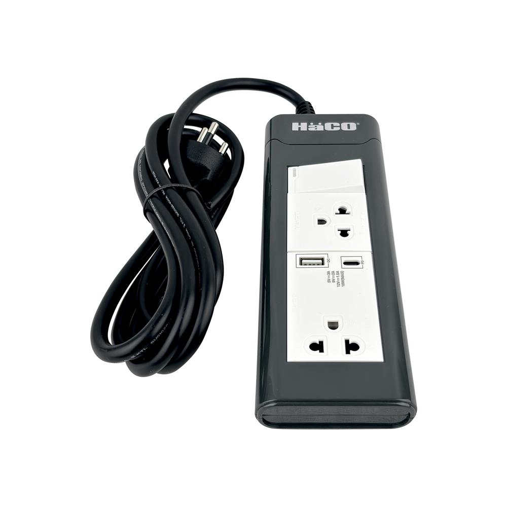 รางปลั๊กไฟ 2 ช่อง 1 สวิตซ์ 1 USB-A 1 USB-C HACO EPN-S2EBUSB 16 แอมป์ 2 ม.