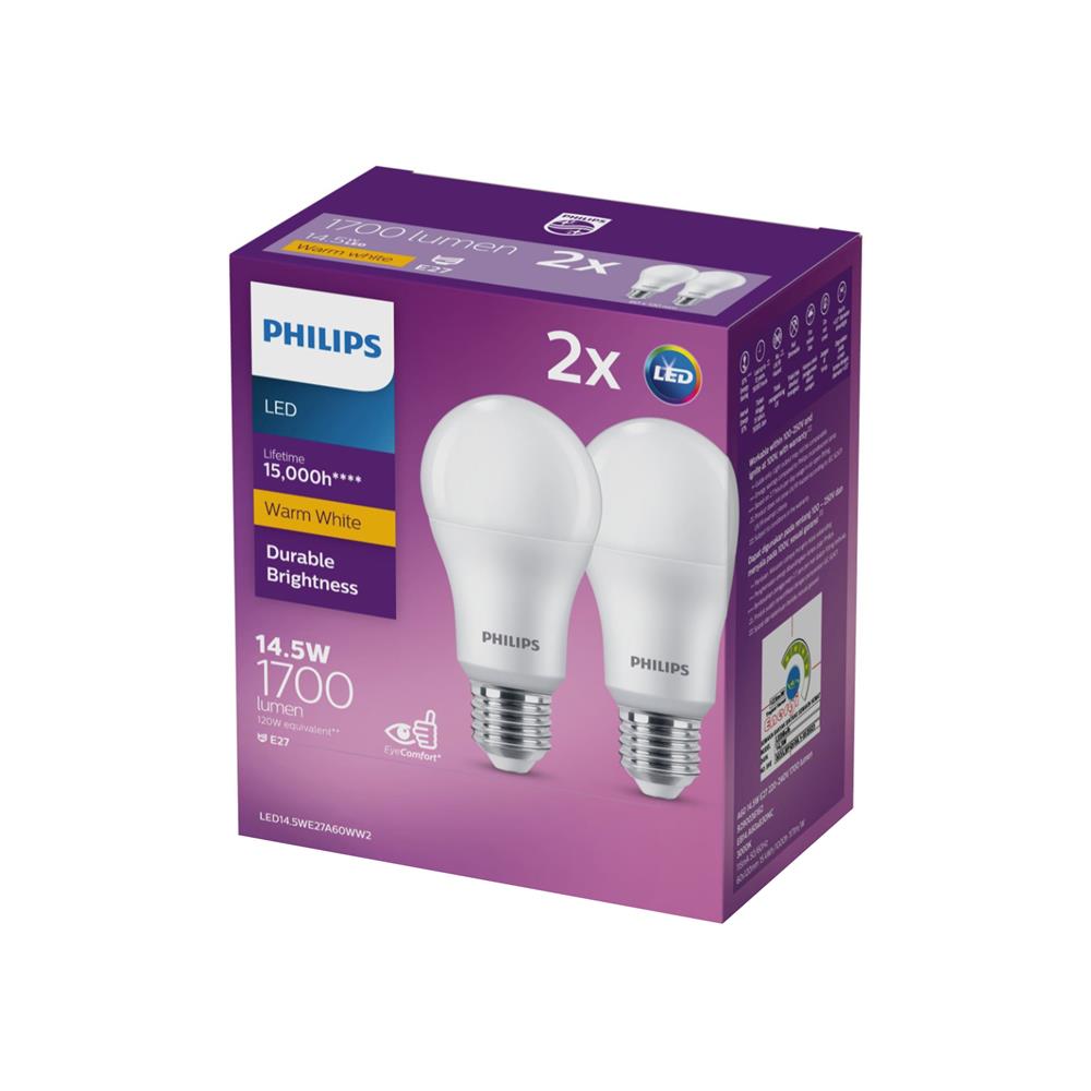 หลอด LED PHILIPS A60 14.5 วัตต์ WARM WHITE E27 แพ็ก 2 ชิ้น