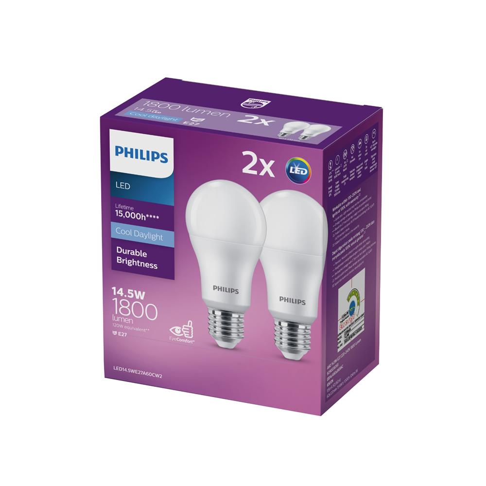 หลอด LED PHILIPS A60 14.5 วัตต์ DAYLIGHT E27 แพ็ก 2 ชิ้น