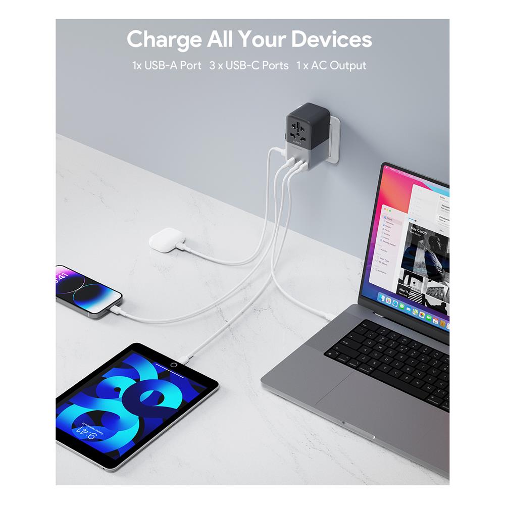 ปลั๊กแปลง 4 IN 1 UNIVERSAL 1 USB A 3 TYPE C AUKEY PA-TA09A 100 วัตต์ สีเทา
