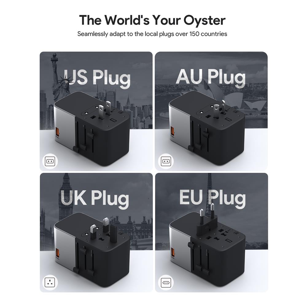 ปลั๊กแปลง 4 IN 1 UNIVERSAL 1 USB A 3 TYPE C AUKEY PA-TA09A 100 วัตต์ สีเทา