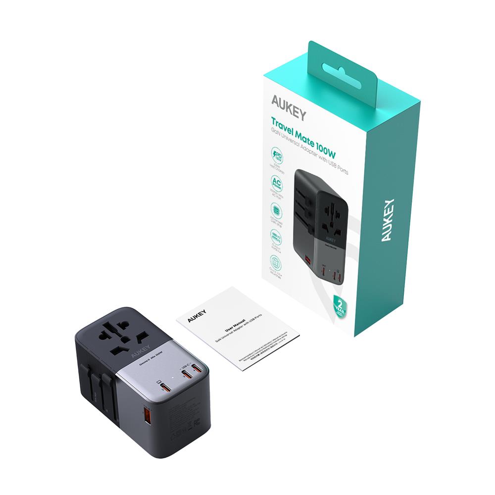 ปลั๊กแปลง 4 IN 1 UNIVERSAL 1 USB A 3 TYPE C AUKEY PA-TA09A 100 วัตต์ สีเทา