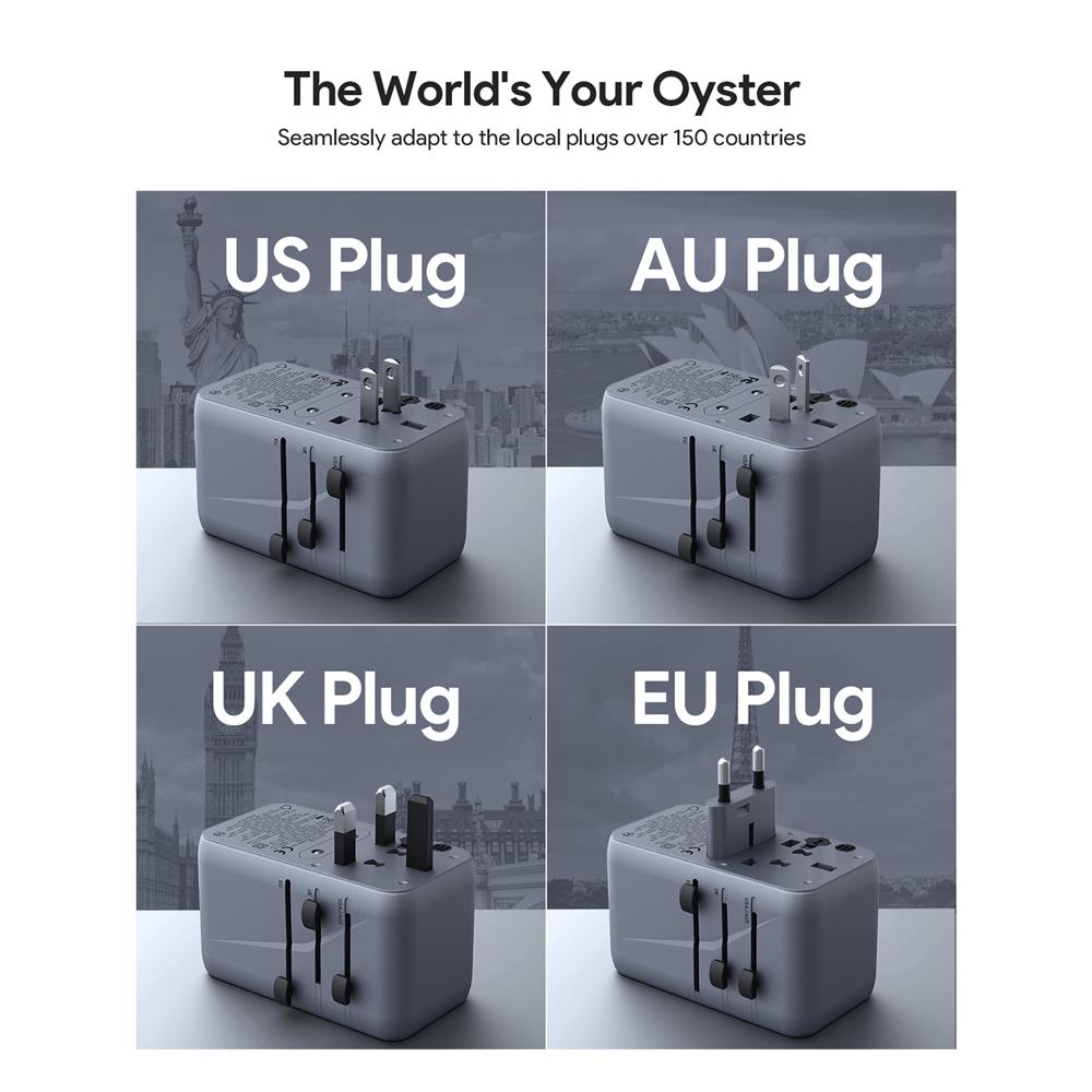 ปลั๊กแปลง 4 IN 1 UNIVERSAL 1 USB A 3 TYPE C AUKEY PA-TA09 100 วัตต์ สีเทา