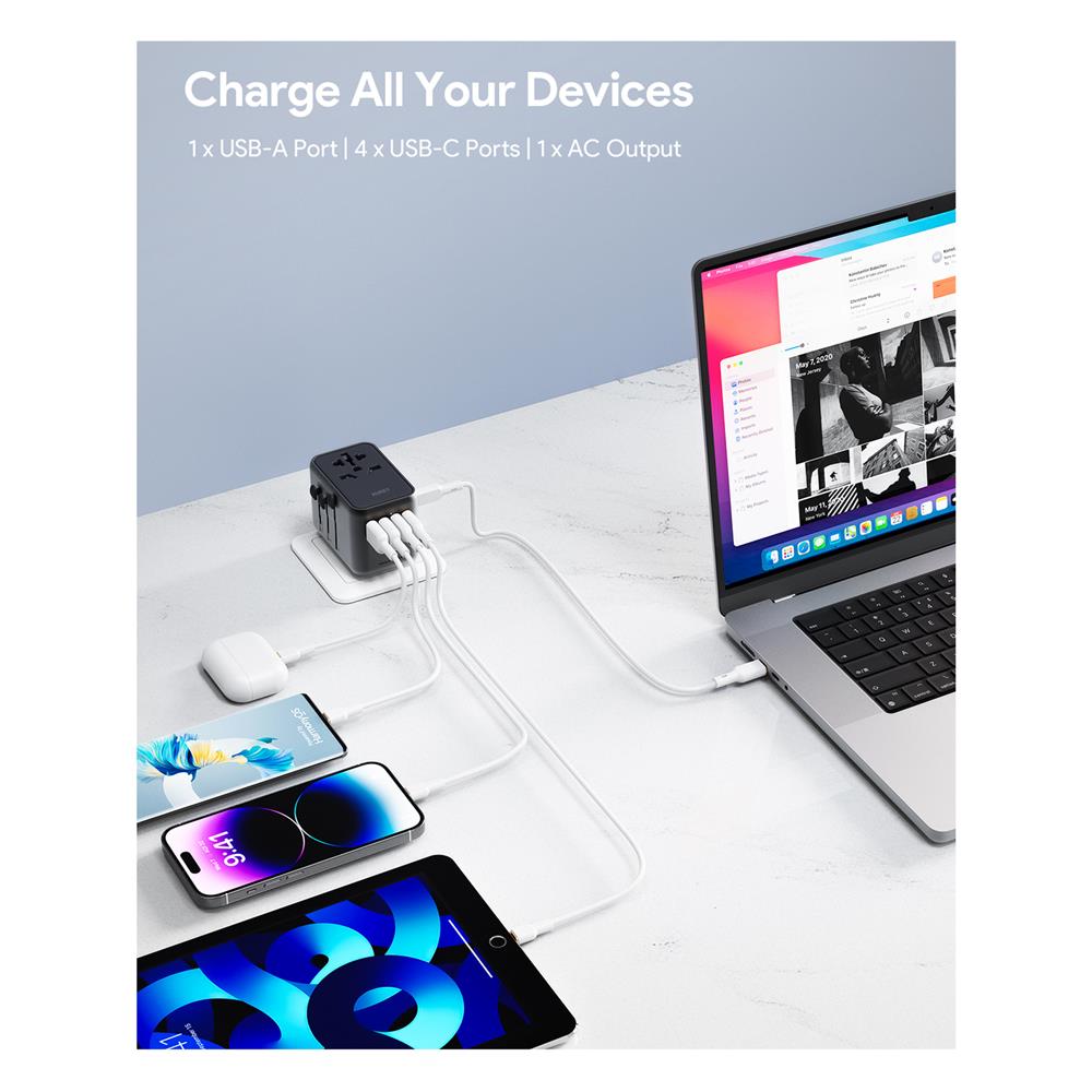 ปลั๊กแปลง 4 IN 1 UNIVERSAL 1 USB A 5 TYPE C AUKEY PA-TA08 65W สีเทา