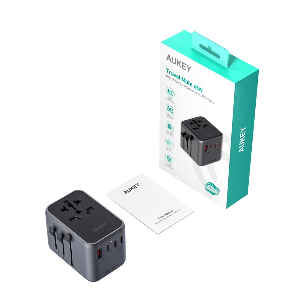 ปลั๊กแปลง 4 IN 1 UNIVERSAL 1 USB A 5 TYPE C AUKEY PA-TA08 65W สีเทา
