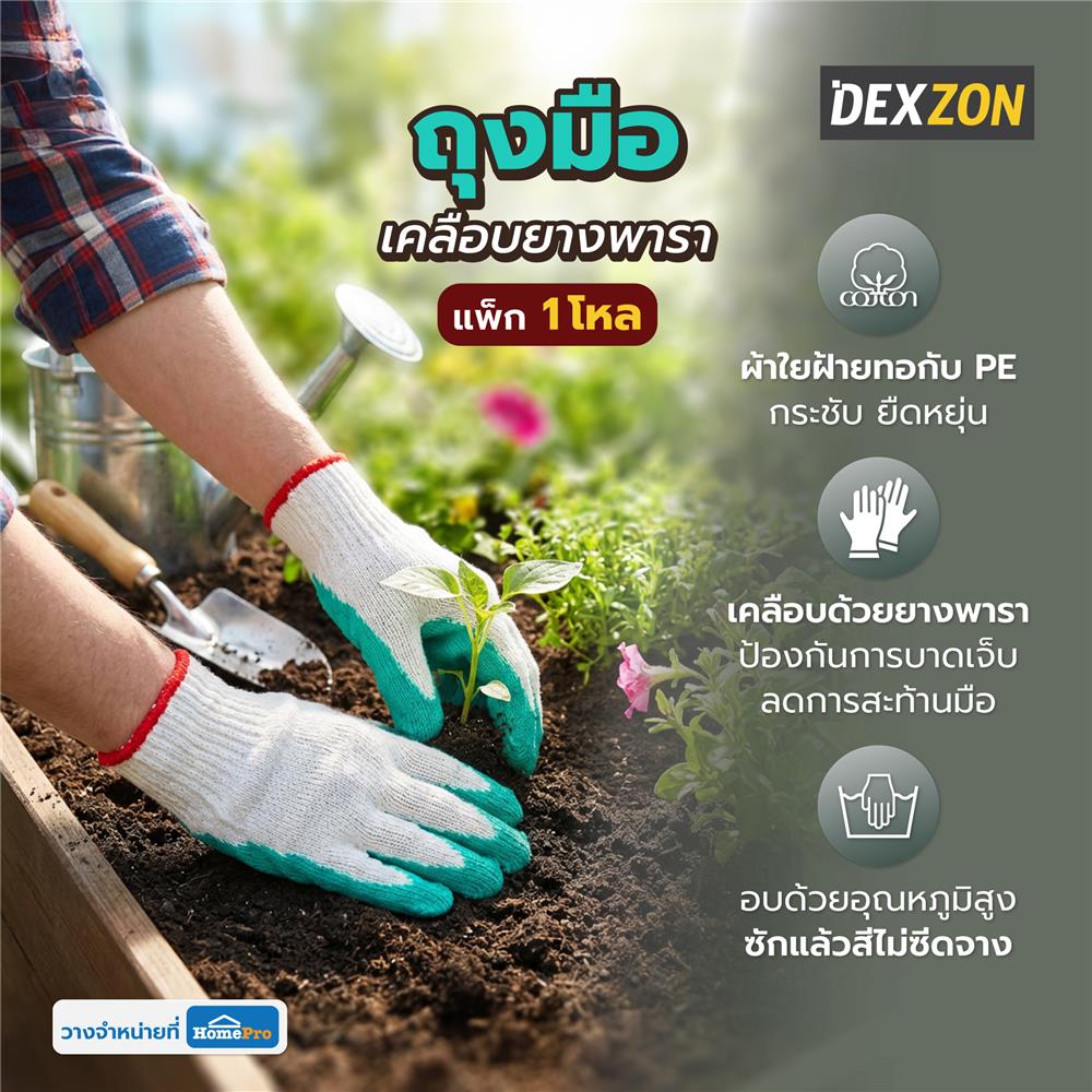 ถุงมือเคลือบยางพารา DEXZON สีเขียว (แพ็ก 1 โหล)