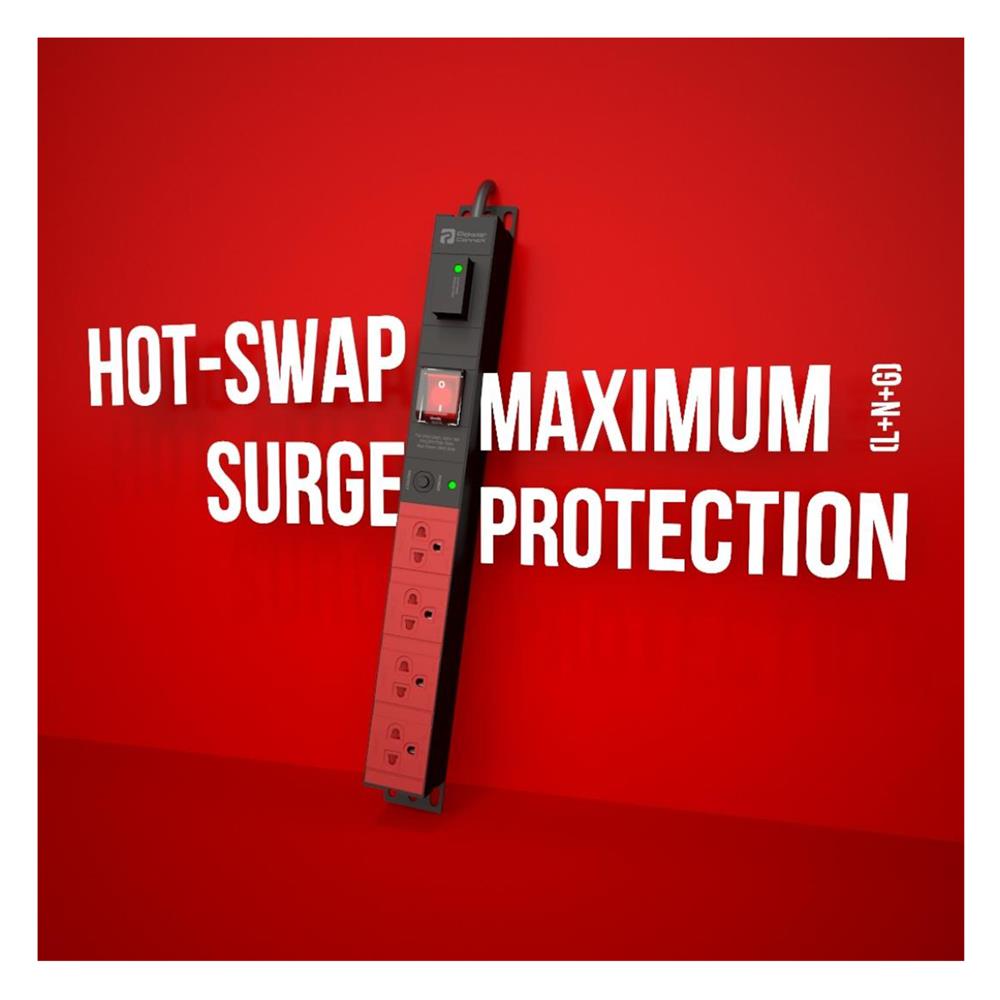 รางปลั๊กไฟ 4 ช่อง 1 สวิตช์ HOT SWAP POWERCONNEX PXC5PHTSS-TS04 16 แอมป์ 3 ม. สีแดง/ดำ
