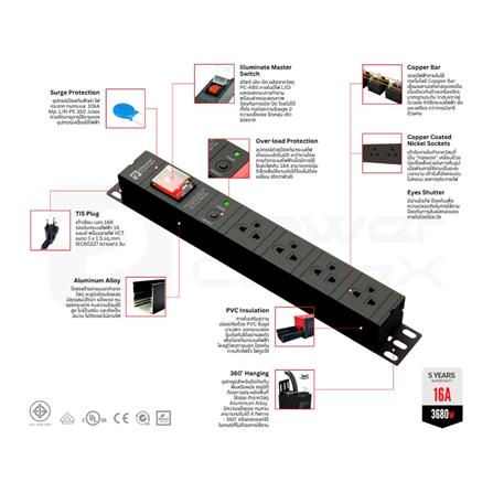 รางปลั๊กไฟ 6 ช่อง 1 สวิตช์ POWERCONNEX PXC5PHTTS-TS06-B 16 แอมป์ 3 ม. สีดำ_3