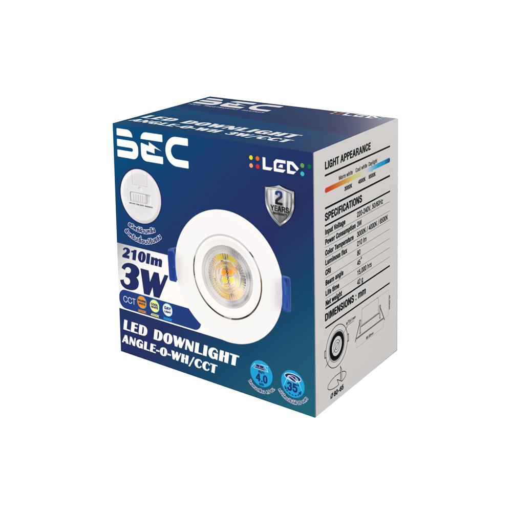 ดาวน์ไลท์ LED BEC ANGLE 2.5 นิ้ว 3 วัตต์ DAYLIGHT/COOL WHITE/WARM WHITE สีขาว