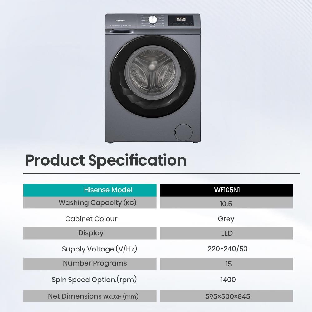 เครื่องซักผ้าฝาหน้า HISENSE WF105N1 10.5 กก. 1400 RPM อินเวอร์เตอร์ สีเทา