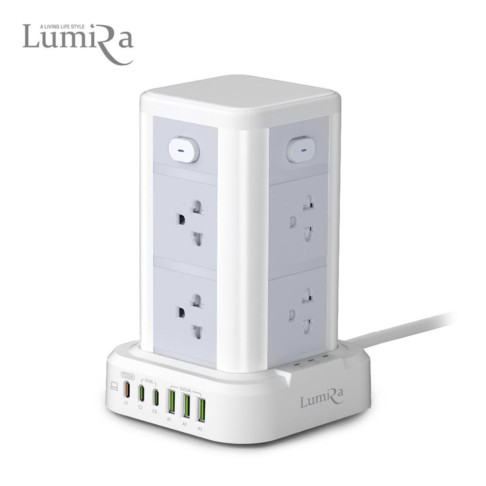 รางปลั๊กไฟทาวเวอร์ 8 ช่อง 4 สวิตซ์ 3USB/3USB-C LUMIRA LS-208 3 ม. สีขาว