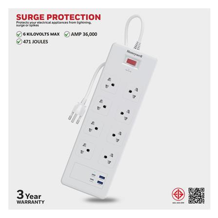 ปลั๊กป้องกันไฟกระชาก 8 ช่อง 2 USB 2 PD HONEYWELL_3