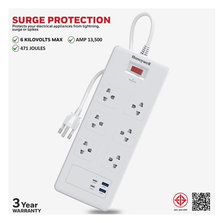 ปลั๊กป้องกันไฟกระชาก 6 ช่อง 2 USB 2 PD HONEYWELL_3