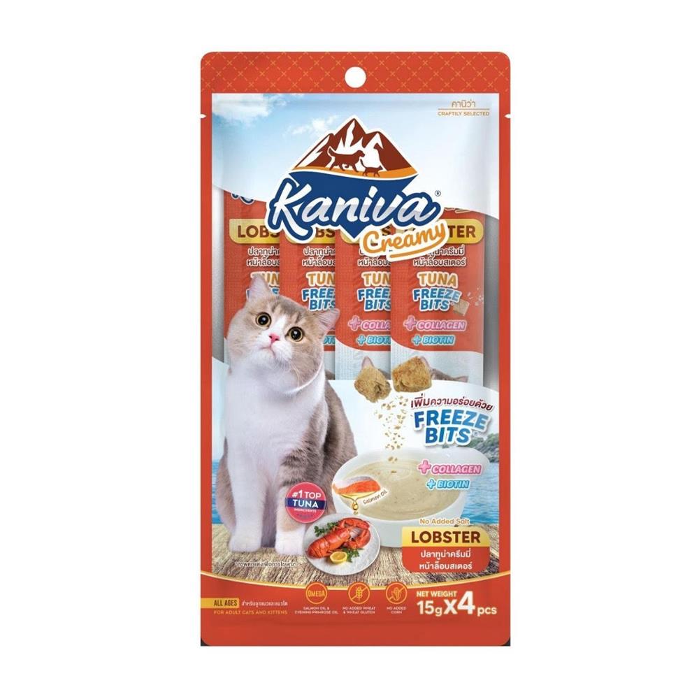 ขนมแมวเลีย KANIVA CREAMY ปลาทูน่าครีมมี่หน้าล็อบสเตอร์ 15 ก. (แพ็ก 4 ซอง)
