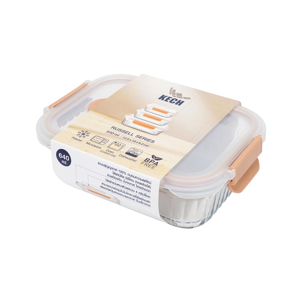 กล่องอาหารแก้วเหลี่ยม KECH RUSSELL 0.64 ลิตร สีพีช