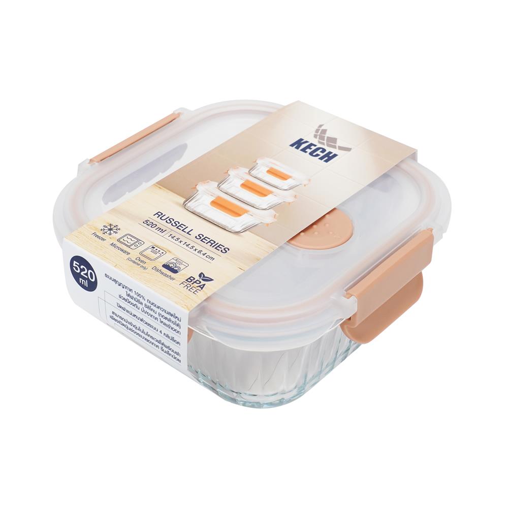 กล่องอาหารแก้วเหลี่ยม KECH RUSSELL 0.52 ลิตร สีพีช