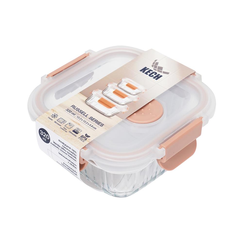 กล่องอาหารแก้วเหลี่ยม KECH RUSSELL 0.32 ลิตร สี่พีช